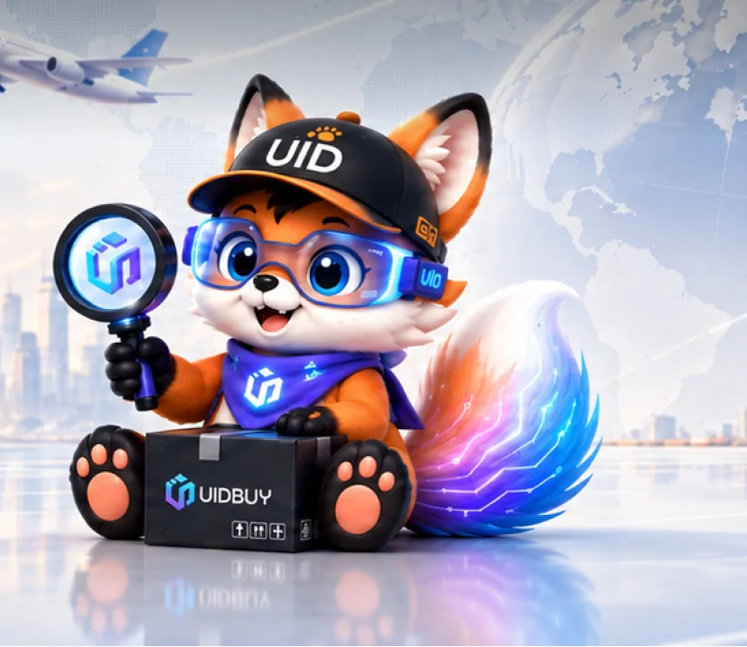 UIDBuy's fox mascot in a UID cap and goggles, holding a magnifying glass and sitting on a UIDBuy parcel