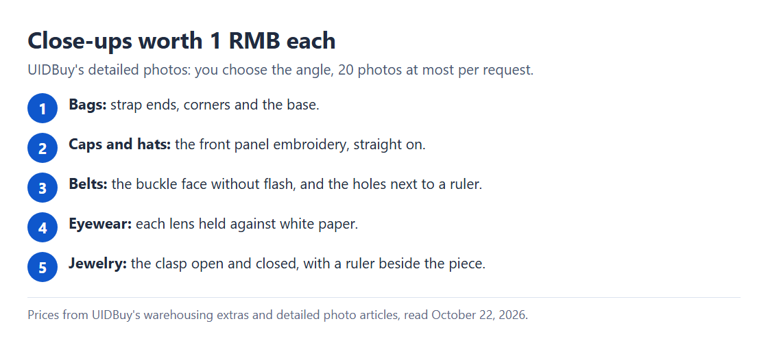 Card listing the close-up photo to request for bags, caps, belts, eyewear and jewelry