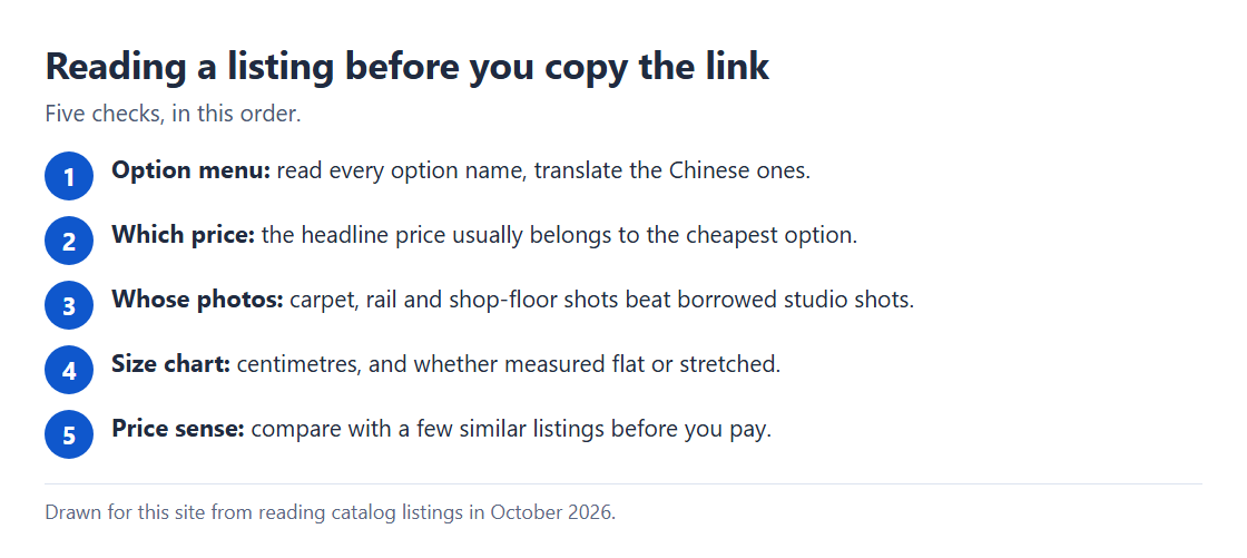 Checklist for judging a listing: option menu, which price belongs to which option, own photos versus borrowed ones, size chart in centimetres, price against similar listings