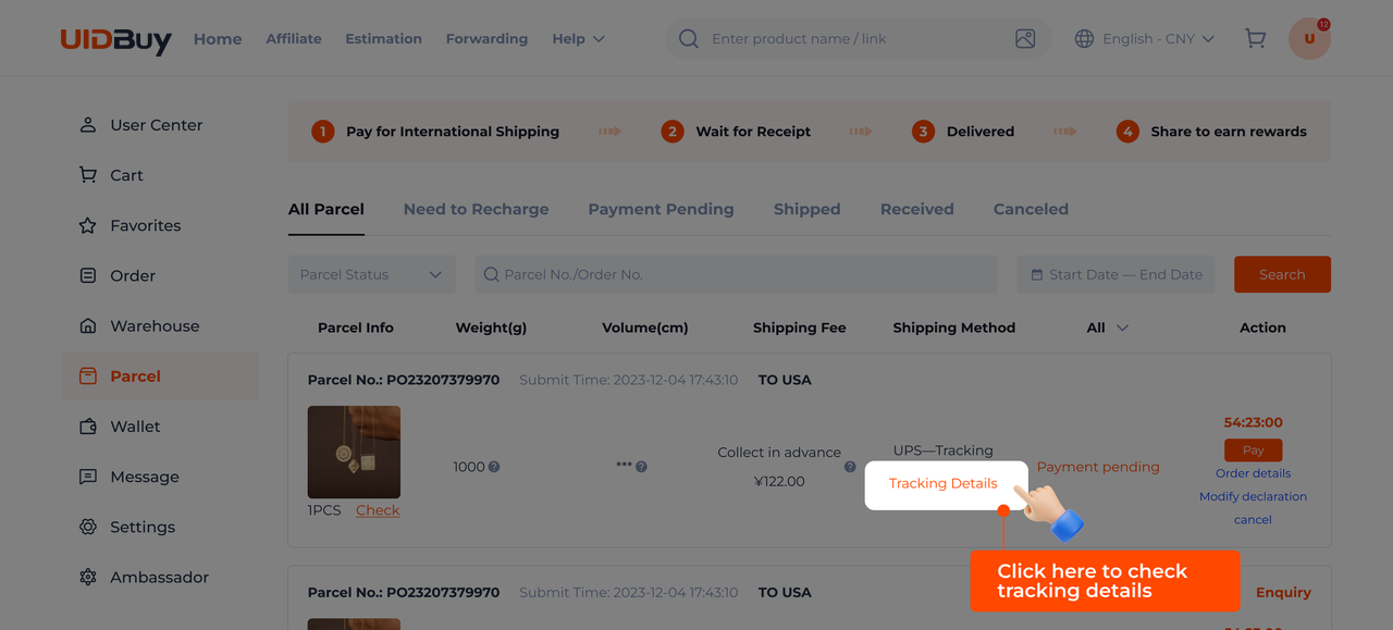UIDBuy parcel example highlighting the Tracking Details link