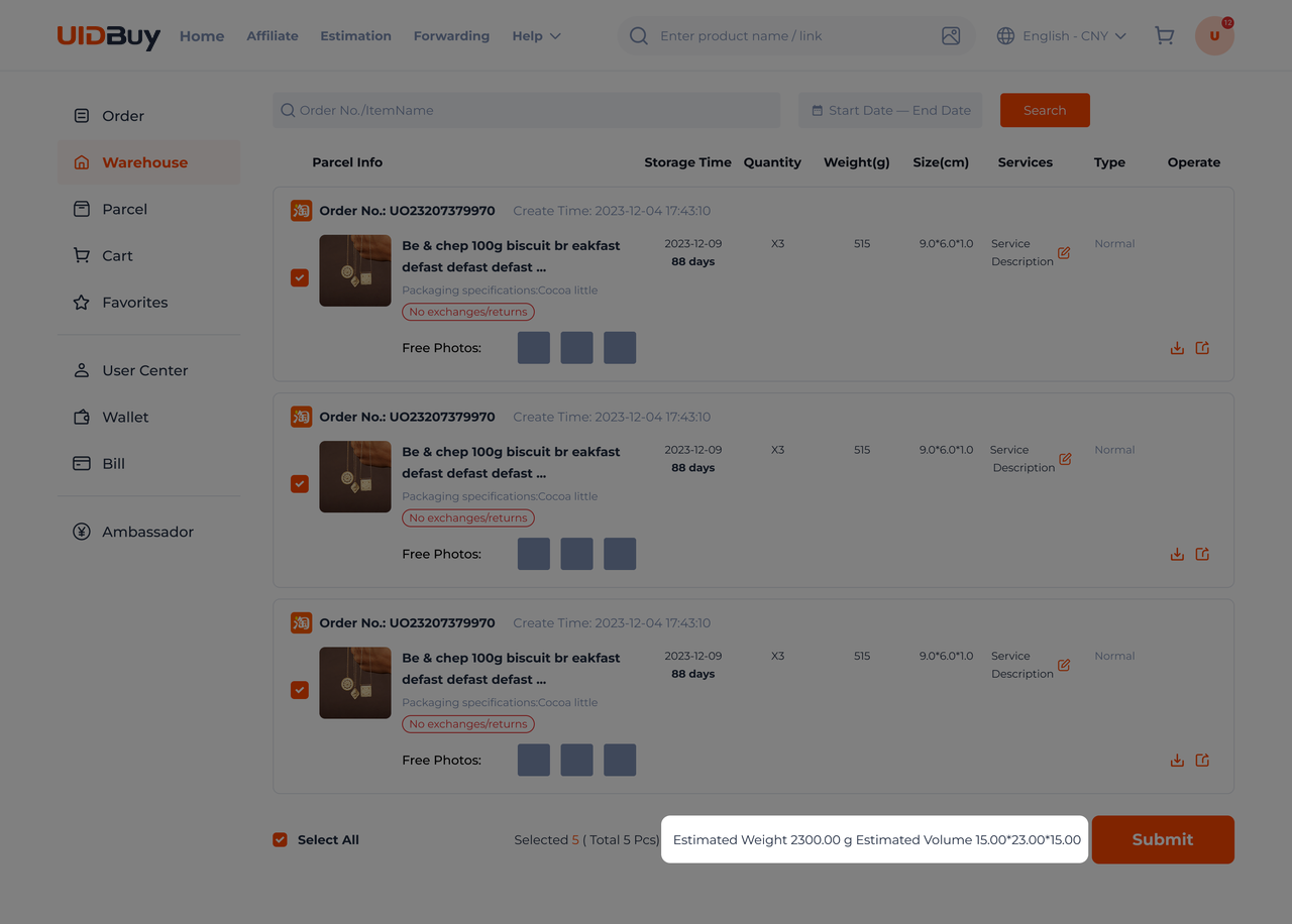 UIDBuy warehouse example with selected items and an estimated parcel weight and volume callout