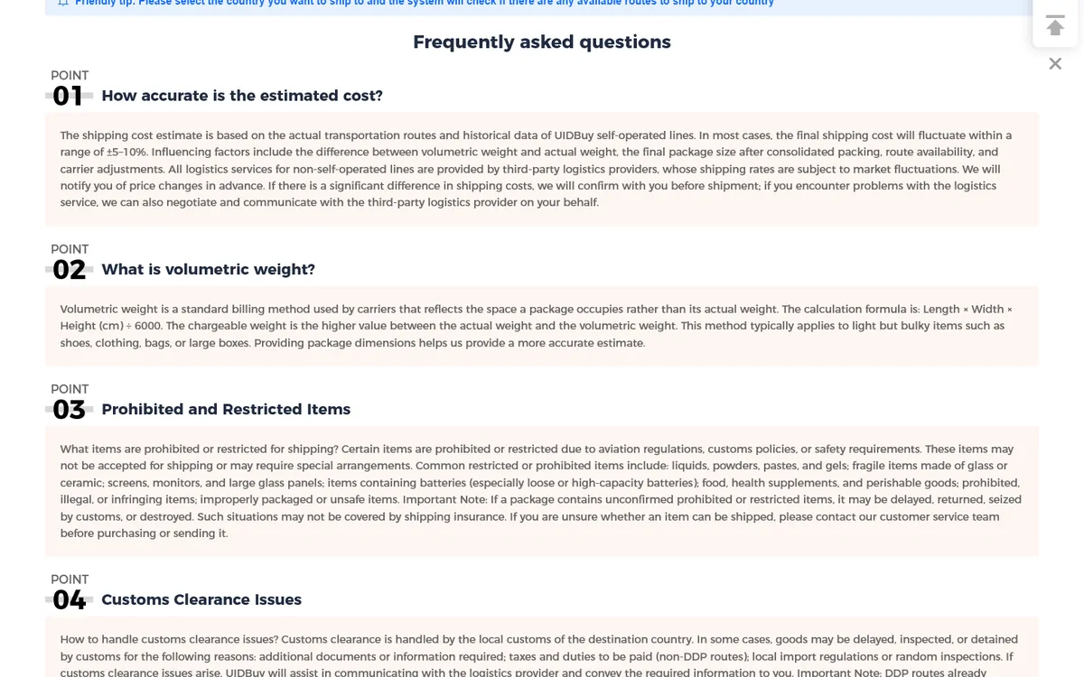 UIDBuy estimation page frequently asked questions, including how accurate the estimate is and how volumetric weight is calculated