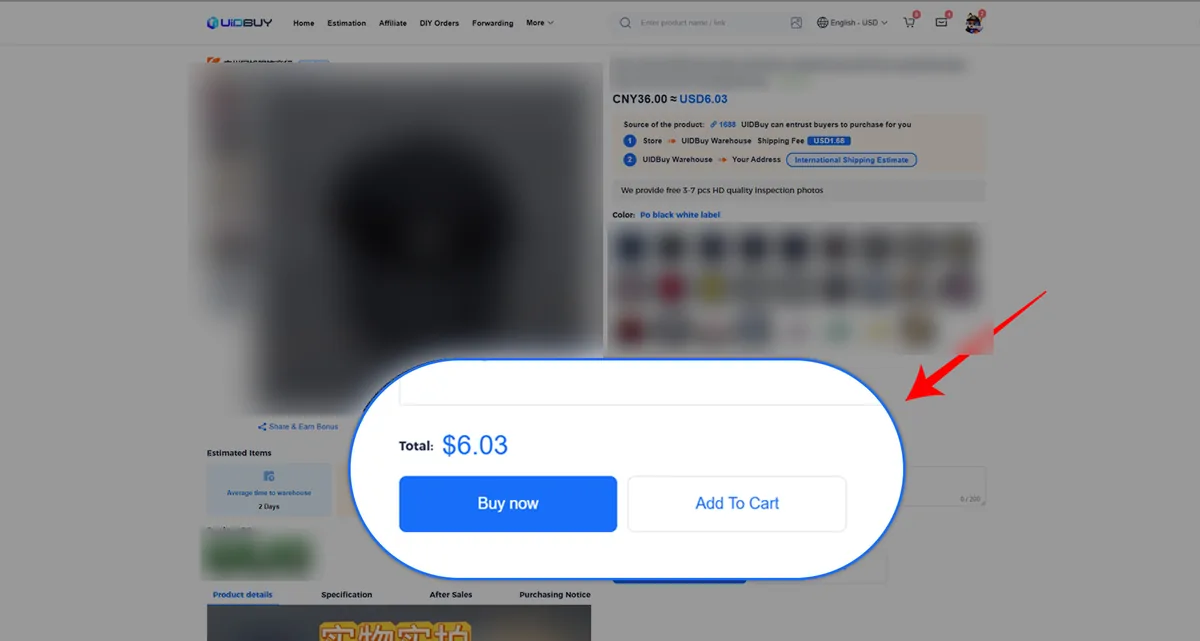 UIDBuy product page with the price, source platform, shipping estimate, colour options and a highlighted Buy now and Add to Cart button