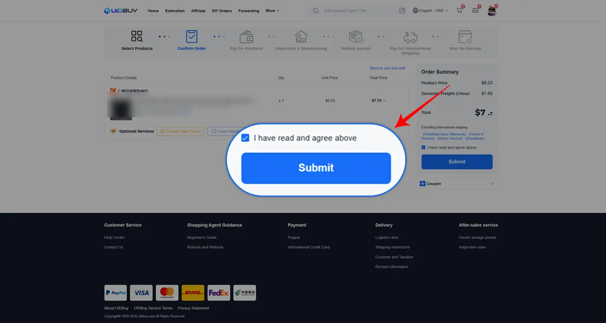 UIDBuy order confirmation page with an order summary, optional services and a highlighted agreement tick box and Submit button