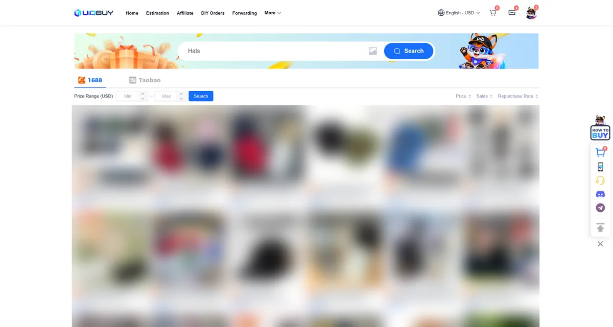UIDBuy keyword search results for hats, with tabs for 1688 and Taobao and sort options for price, sales and repurchase rate