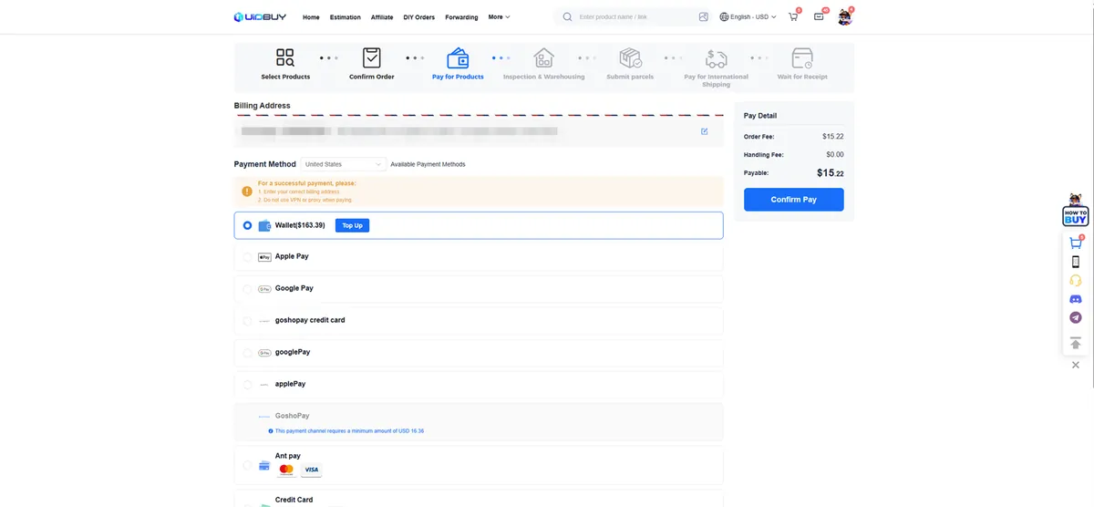 UIDBuy payment page with a billing address, a list of payment methods and a Confirm Pay button