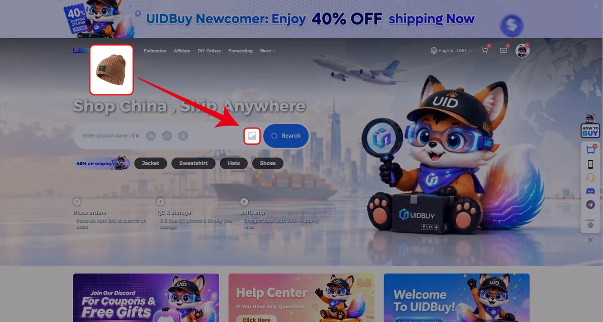 UIDBuy home page with an arrow from a beanie photo to the image search icon in the search bar