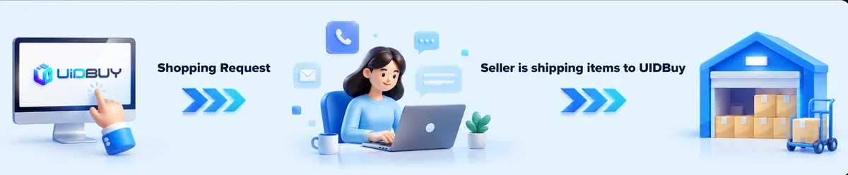 Illustration: a shopping request on the UIDBuy site, an agent at a laptop contacting the seller, and the seller shipping items to the UIDBuy warehouse