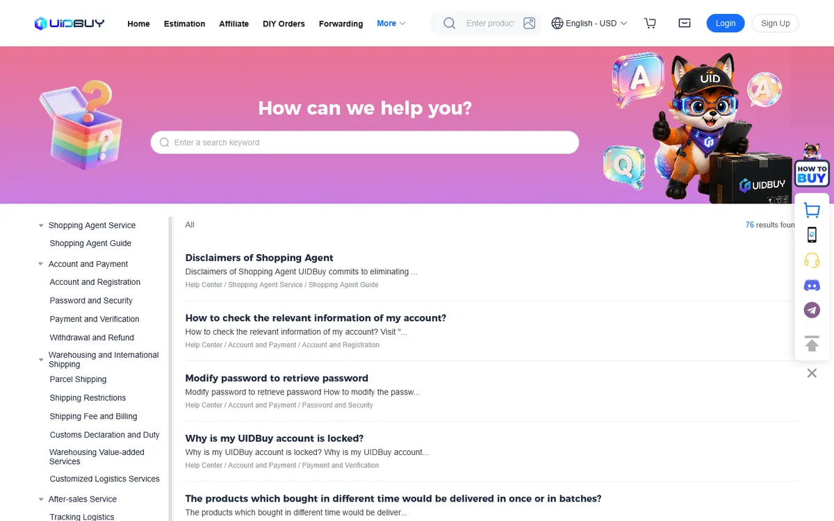 UIDBuy help center with a search box and article categories for shopping, account, warehousing and after-sales