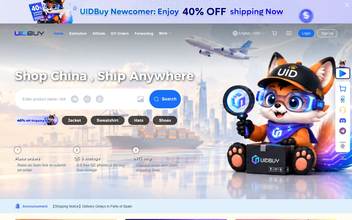 UIDBuy home page with its fox mascot, a search bar for product names or links, and three steps: place orders, QC and storage, international shipping