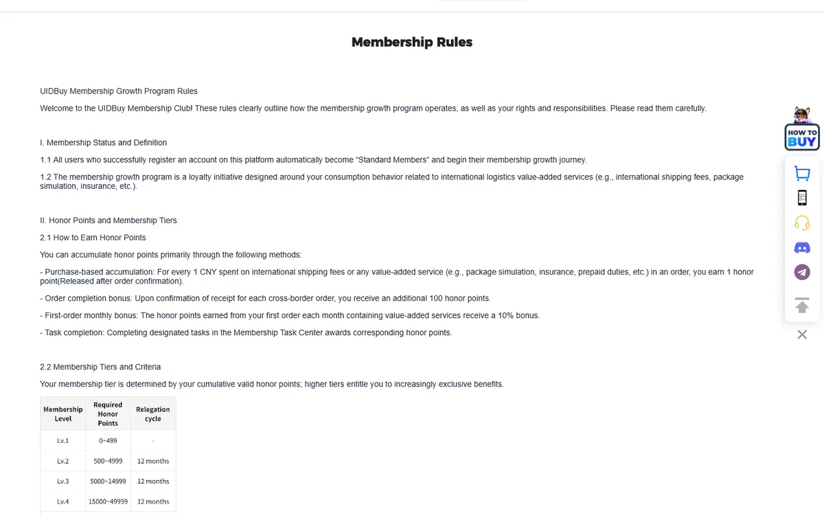UIDBuy membership rules page explaining honor points and membership tiers