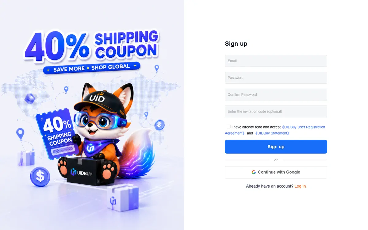 UIDBuy sign-up page with email, password, confirm password and optional invitation code fields, a Sign up button and Continue with Google