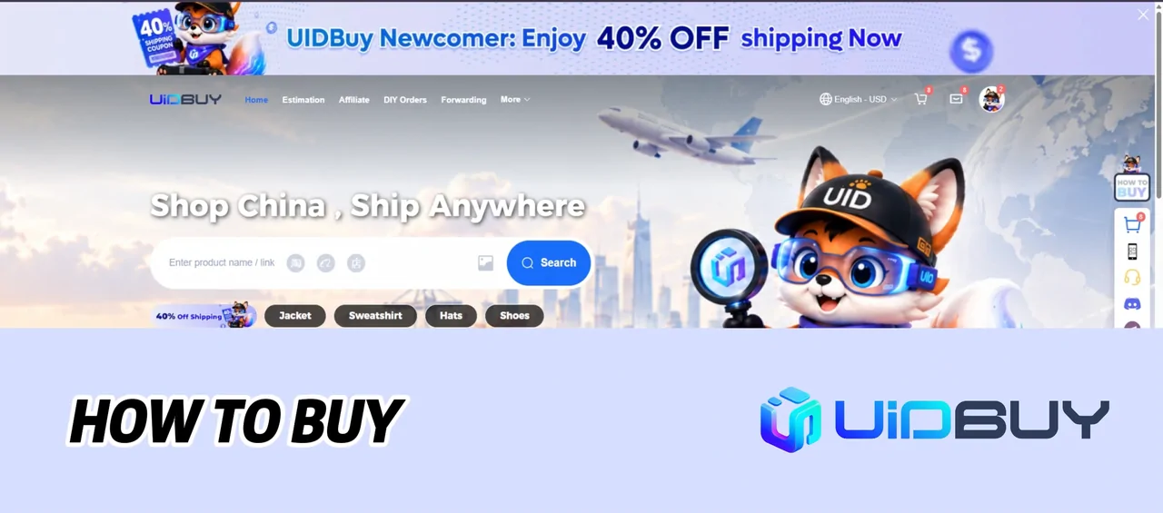 Title card of UIDBuy's how-to-buy video: the UIDBuy home page with the fox mascot above the words How to buy