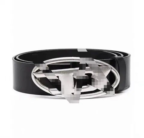Black leather belt with a large silver oval buckle, logo blurred by the seller