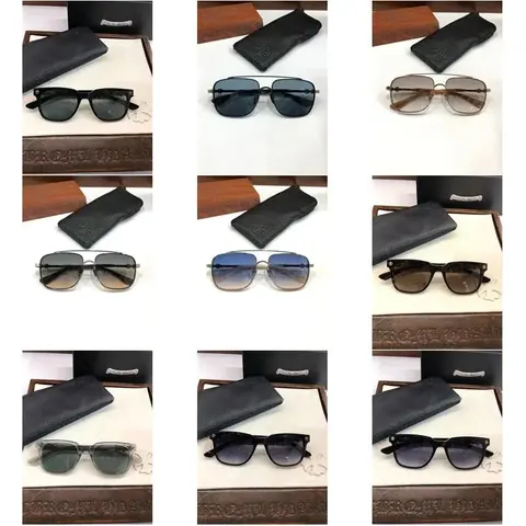Grid of nine pairs of sunglasses resting on black cases