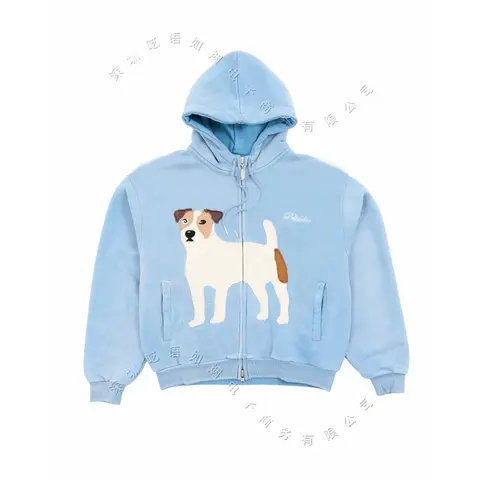 Light blue zip hoodie with a white terrier dog printed across the front