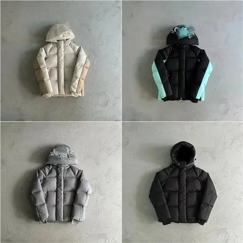 Four short puffer jackets in cream, black with mint panels, silver gray and black, laid flat