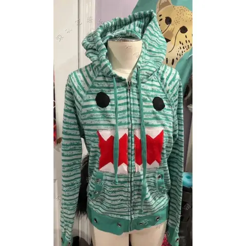 Green and white striped zip hoodie with a cartoon mouth across the front, on a dress form